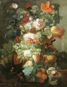 Roses, Tulips, Morning Glory, Iris And Other Flowers, With Grapes, Peaches And A Lemon On A Stone Ledge