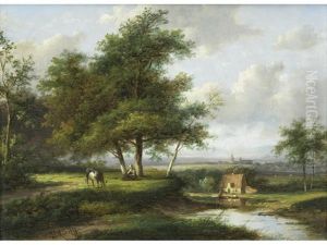 River Landscape With Church And Cottage (+ Wooded River Landscape With Figures On A Path; Pair) by Jan Evert Morel the Elder