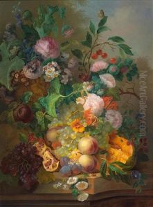 Blumenstillleben Mit Pfirsichen, Weintrauben Und Kirschen