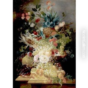 Still Life Of Various Fruits And Flowers On A Ledge Including A Pineapple And An Ear Of Corn