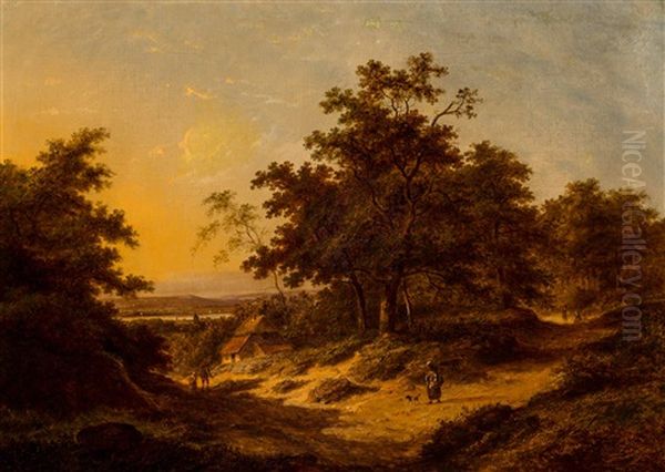 Travellers On A Forest Path In A Sunny River Landscape - view 1