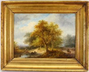 Painting Of Travelers In A Wooded Landscape With Livestock Near A Small Pool Of Water by Jan Evert Morel the Younger