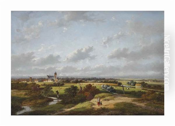 A Panoramic River Landscape With A Village Beyond - view 1