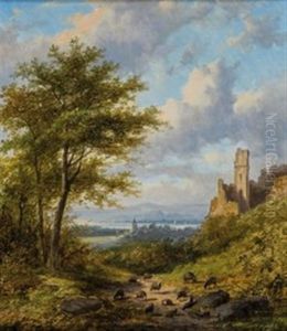 Schafherde In Sommerlicher Landschaft Mit Ruine