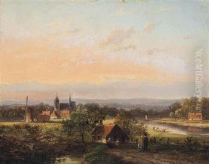 Figures Approaching A Cottage, A Town Beyond by Jan Evert Morel the Younger