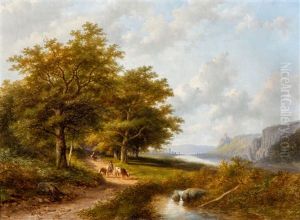 Koeherders Op Landweg In Boomrijk Rivierlandschap by Jan Evert Morel the Younger