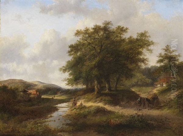 Hugelige Landschaft Mit Bachlauf Und Personenstaffage - view 1