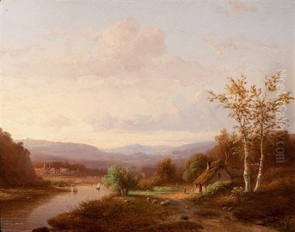 River View With A Flock Of Sheep Near The Farm - view 1