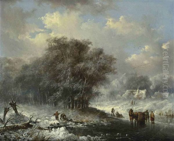 A Winterlandscape With Peasants Gathering Wood And A Horse Carriage On The Ice, A Farm Beyond - view 1