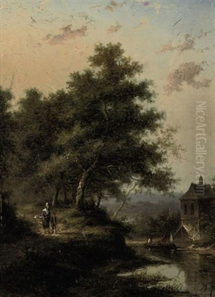 A Forest Landscape With A River And Figures Walking Down A Path - view 1