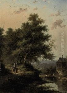 A Forest Landscape With A River And Figures Walking Down A Path by Jan Evert Morel the Younger