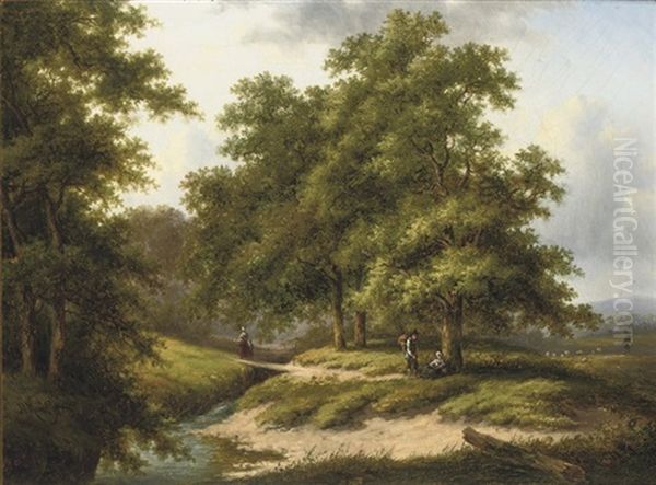 Travellers On A Forest Path Near A Stream - view 1