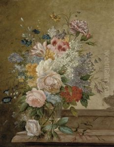 A Bouquet Of Flowers In A Glass Vase On A Ledge by Jan Evert Morel the Younger