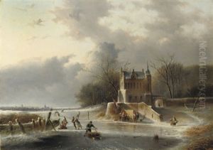 Winterfun On The Ice By A Mansion by Jan Evert Morel the Younger