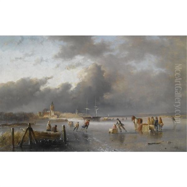 Skaters On A Frozen Waterway, A Koek En Zopie In The Distance - view 1