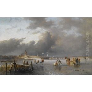 Skaters On A Frozen Waterway, A Koek En Zopie In The Distance by Jan Evert Morel the Younger