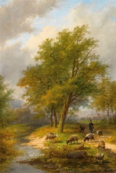 A Shepherd And His Flock In A Summer Landscape - view 1