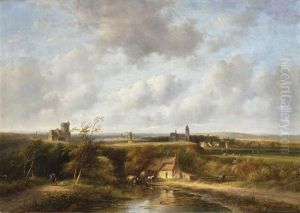 An Extensive Summer Landscape With Peasants By A Farm, A Village In The Distance by Jan Evert Morel the Younger
