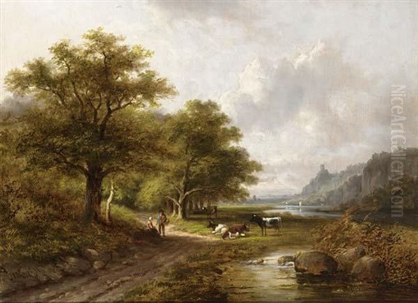 Peasants With Their Cattle In A Wooded River Landscape - view 1