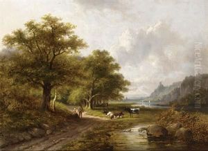 Peasants With Their Cattle In A Wooded River Landscape by Jan Evert Morel the Younger