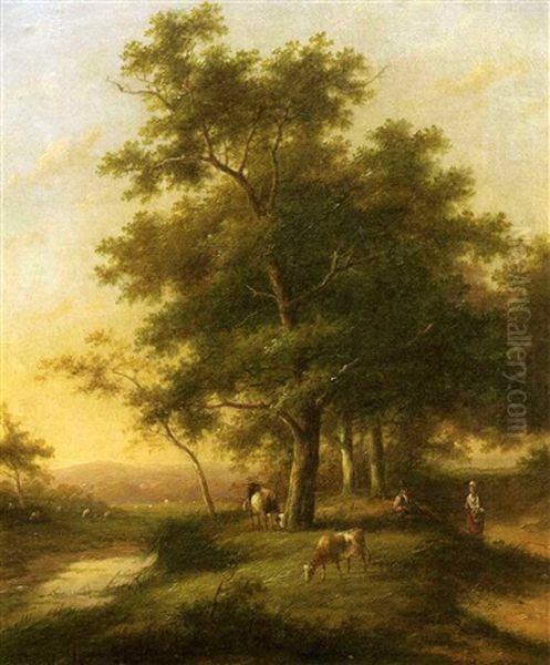 Summer Landscape With Peasants And Cattle Grazing - view 1