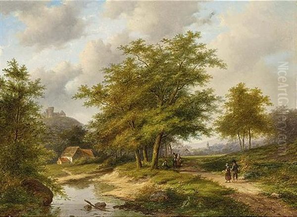 Travellers In A Wooded Summer Landscape, A Village In The Distance - view 1
