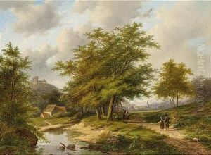 Travellers In A Wooded Summer Landscape, A Village In The Distance Travellers In A Wooded Summer Landscape, A Village In The Distance