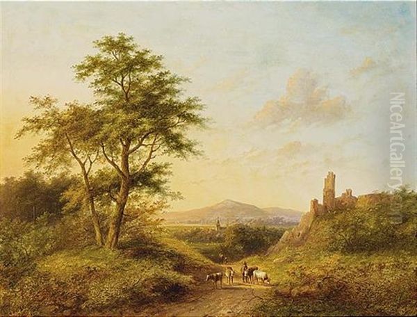 Figures And Cattle In A Panoramic Landscape - view 1