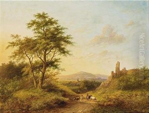Figures And Cattle In A Panoramic Landscape by Jan Evert Morel the Younger