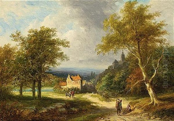 Travellers In A Summer Landscape, A Village In The Distance - view 1