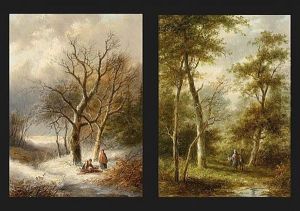 Wood Gatherers In A Snowy Landscape (+ Travellers In A Wooded Summer Landscape; Pair) by Jan Evert Morel the Younger