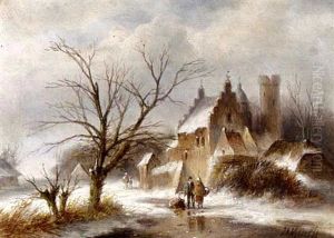 A Winter Landscape With Figures On A Frozen Waterway by Jan Evert Morel the Younger