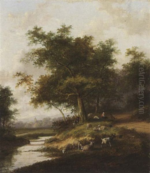 A Shepherdess And Her Flock At Rest - view 1