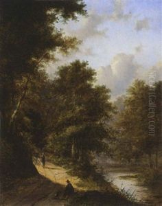 A Hunter And His Dog Resting In A Wooded Landscape by Jan Evert Morel the Younger