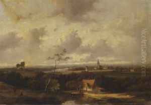 A Panoramic River Landscape With A Town In The Distance by Jan Evert Morel the Younger