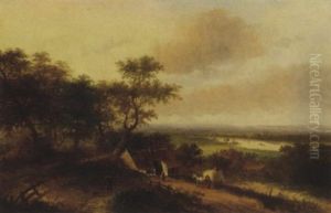 A Haycart By A Farm In A Panoramic River Landscape