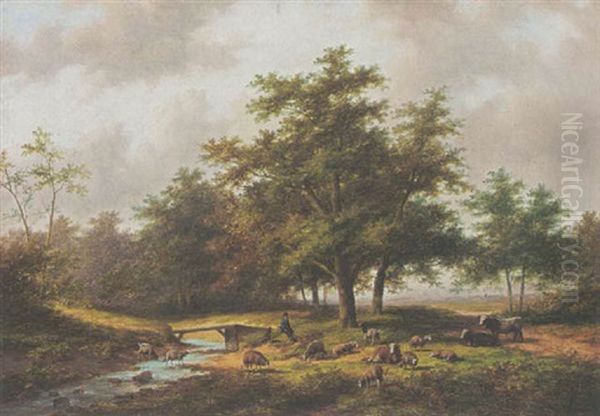 A Shepherd With His Flock In A Wooded Landscape - view 1