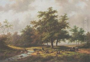 A Shepherd With His Flock In A Wooded Landscape by Jan Evert Morel the Younger