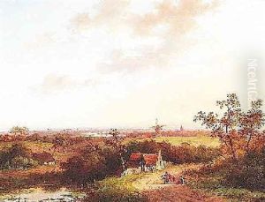 Weite Hollandische Fluslandschaft Mit Windmuhle Und Bauern Vor Einem Gehoft