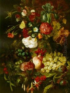 A Still Life Of Flowers, Grapes, Peaches, Viges, Prunes, Cherries And A Bird's Nest All On A Marble Ledge by Jan Evert Morel the Younger