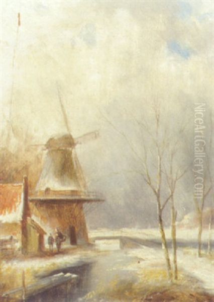 A Winter Landscape With Peasants Conversing By A Windmill - view 1