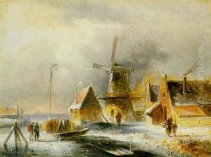 Figures By A Mill In A Winter Landscape by Jan Evert Morel the Younger