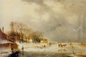 Winter Landscape With Figures And A Horse-drawn Sleigh On A Frozen River by Jan Evert Morel the Younger