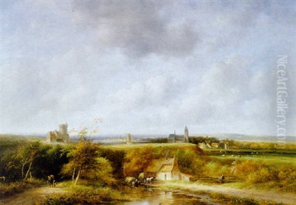 A Summer Landscape With Peasants By A Farm, A Village In The Distance - view 1