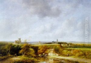 A Summer Landscape With Peasants By A Farm, A Village In The Distance