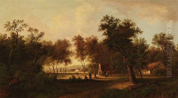 Sonnige Waldlandschaft Mit Gehoften Unter Baumen - view 1