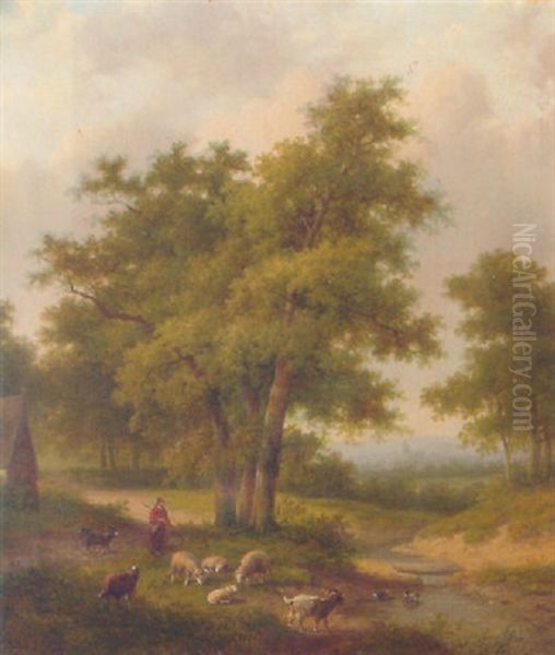 A Shepherd And His Flock In A Wooded Landscape - view 1