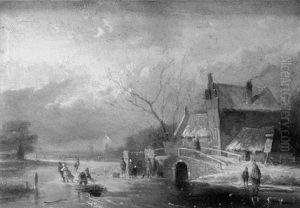 Peasants Skating And Conversing By A Koek En Zoopie On A Frozen River by Jan Evert Morel the Younger