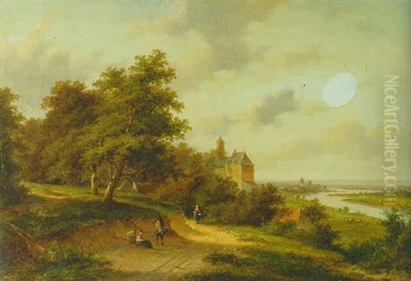 A Panoramic View Of A River Valley With Travellers Resting On A Wooden Path In The Foreground - view 1
