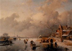 A Winter Landscape With Skaters And A Koek En Zopie by Jan Evert Morel the Younger